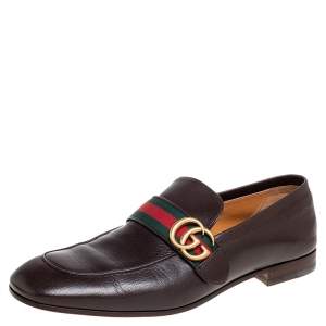 Gucci Dark Brown Leather GG Web Loafers Size 43.5