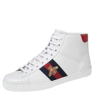 Gucci White Leather Embroidered Bee Web Ace High-Top Sneakers Size 41.5 