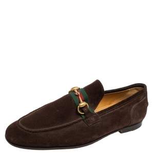 Gucci Dark Brown Suede Horsebit Web Loafers Size 41.5