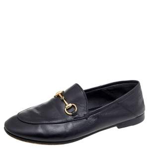 Gucci Black Leather Horsebit Accent Slip On Loafers Size 35.5