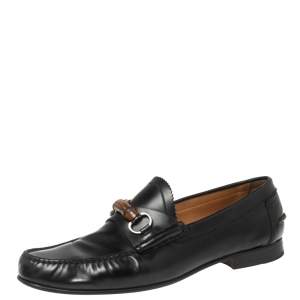 Pre Owned Gucci Black Leather Bamboo Horsebit Loafers Size 45