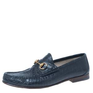 Gucci Navy Blue Croc Leather Horsebit Loafers Size 43.5