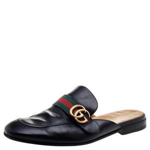Gucci Black Leather GG Web Princetown Slide Mules Size 43