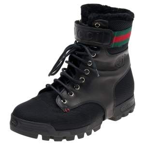 Gucci Black Knit Fabric And Leather Web Detail Ankle Length Boots Size 41