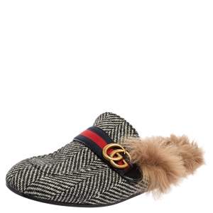 Pre Owned Gucci Black/White Wool Herringbone Fur Web GG Princetown Flat Mules Size 42.5