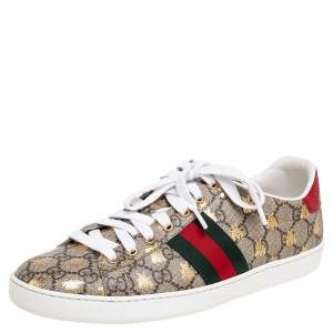 Gucci Brown GG Supreme Canvas Bee Ace Low-Top Sneakers Size 40