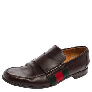 Gucci Brown Leather Web  Slip On Loafers Size 41.5