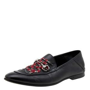 Pre Owned Gucci Black Leather Brixton Horsebit Snake Embroidered Loafers Size 42