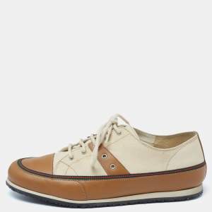 Gucci Cream/Brown Leather And Canvas Lace Up  Sneakers Size 42