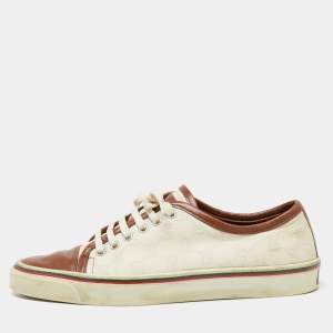 Gucci Off White/Brown Canvas And Leather Lace Up Sneakers Size 42