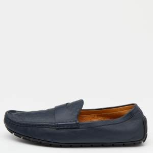 Gucci Navy Blue Microguccissima Leather GG Slip On Loafers Size 44.5