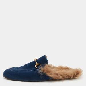 Pre Owned Gucci Blue Velvet and Fur Lined Horsebit Princetown Mule Sandals Size 45