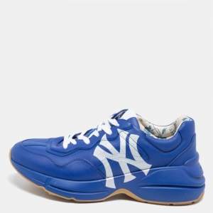 Gucci Blue Leather NY Yankees Rhyton Low Top Sneaker Size 41.5