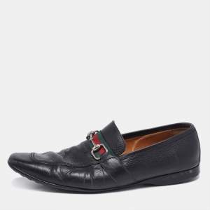 Gucci Black Leather Horsebit Web Detail Slip On Loafers Size 44.5