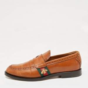 Gucci Brown Leather Web Slip On Loafers Size 41.5