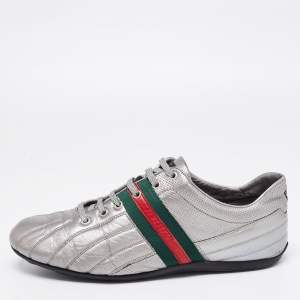 Gucci Metallic Grey Leather Web Low-Top Sneakers Size 42.5