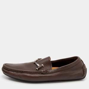 Pre Owned Gucci Brown Leather Slip On Loafers Size 41.5 