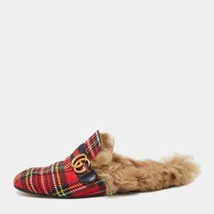Gucci Multicolor Woven Fabric And Fur Princetown Mules Size 44