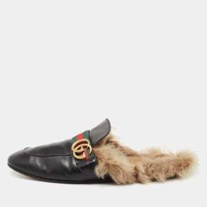 مملوكة مسبقًا Gucci Black Leather and Fur Lined GG Marmont Princetown Mules Size 43