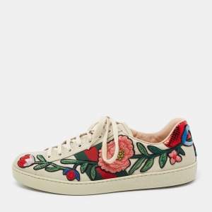 Pre Owned Gucci White Leather Floral Embroidered Ace Low Top Sneakers Size 43.5