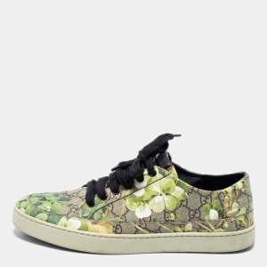 Pre Owned Gucci Green/Beige Flower Print GG Supreme Canvas Lace Up Low Top Sneakers Size 44