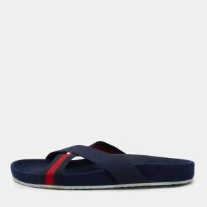 Gucci Navy Blue Fabric Criss-Cross Web Tape Flat Slide Sandals Size 41