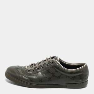Gucci Olive Green Leather and GG Imprime Coated Canvas Low-Top Sneakers Size 45.5