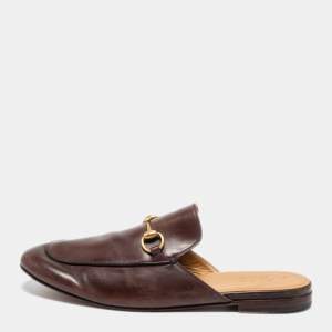 Pre Owned Gucci Brown Leather Princetown Horsebit Mules Size 44