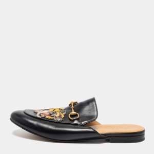 Gucci Black Leather Tiger Patch Horsebit Mules Size 44