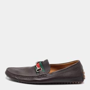 Gucci Brown Leather Web Horsebit Loafers Size 43.5