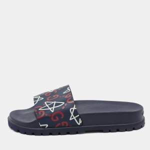 Pre Owned Gucci Navy Blue Leather Logo Pool Slides Size 44