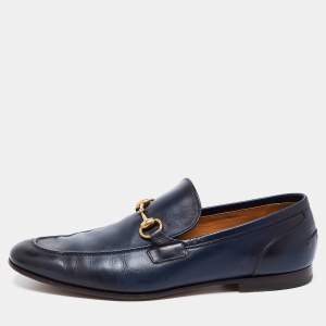 Pre Owned Gucci Navy Blue Leather Horsebit Jordaan Loafers Size 42