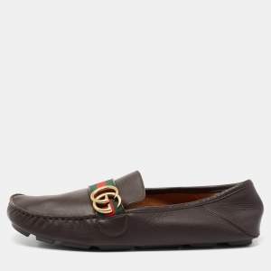 Gucci Dark Brown Leather GG Web Loafers Size 43.5