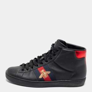 Gucci Black Leather Embroidered Bee Ace High Top Sneakers Size 39.5