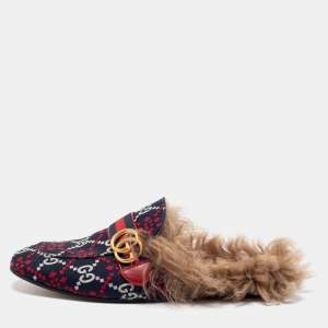 Pre Owned Gucci Multicolor Jacquard Fabric And Fur Lined Princetown Mules Sandals Size 43