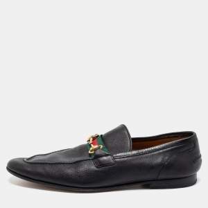 Gucci Black Leather Web Horsebit Loafers Size 43
