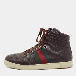 Gucci Brown Guccissima Leather Web Detail High Top Sneakers Size 40.5