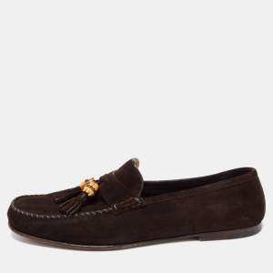 Gucci Brown Suede Bamboo Tassel Slip On Loafers Size 43.5