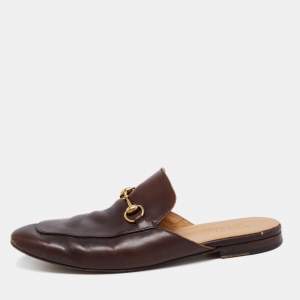 Pre Owned Gucci Dark Brown Leather Princetown Horsebit Mules Size 45.5