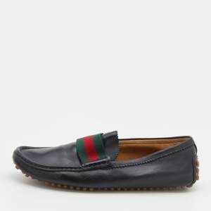 Gucci Black Leather Web Trim Slip On Loafers Size 41.5
