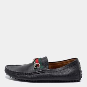 Gucci Black Leather Horsebit Slip on Loafers Size 42