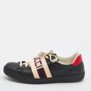 Gucci Black Leather And Stretch Band New Ace Logo Strap Low Top Sneakers Size 44