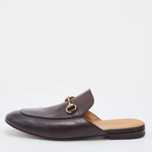 Pre Owned Gucci Dark Brown Leather Princetown Flat Mules Size 42.5