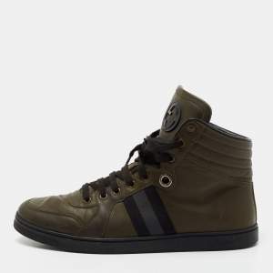 Gucci Army Green Leather Web Viaggio High-Top Sneakers Size 42