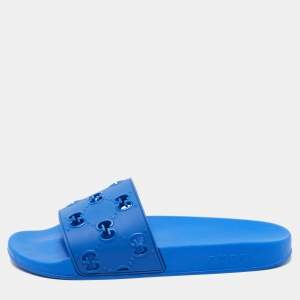 Gucci Blue GG Rubber Slide Flat Sandals Size 44