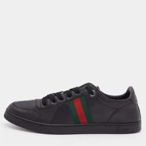 Gucci Black Leather Web Low Top  Sneakers Size 46