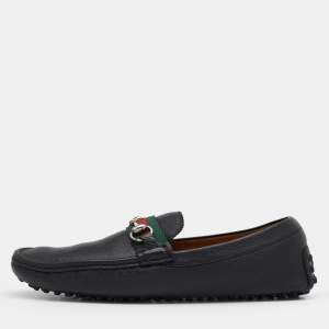 Gucci Black Leather Web Horsebit Slip On Loafers Size 43