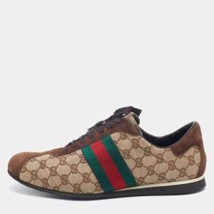 Gucci Beige/Brown Suede And GG Canvas Web Detail Low Top Sneakers Size 45