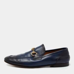Pre Owned Gucci Navy Blue/Black Leather Jordaan Loafers Size 42.5