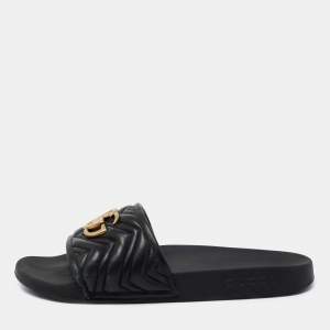 Gucci Black Leather GG Marmont Slide Sandals Size 43
